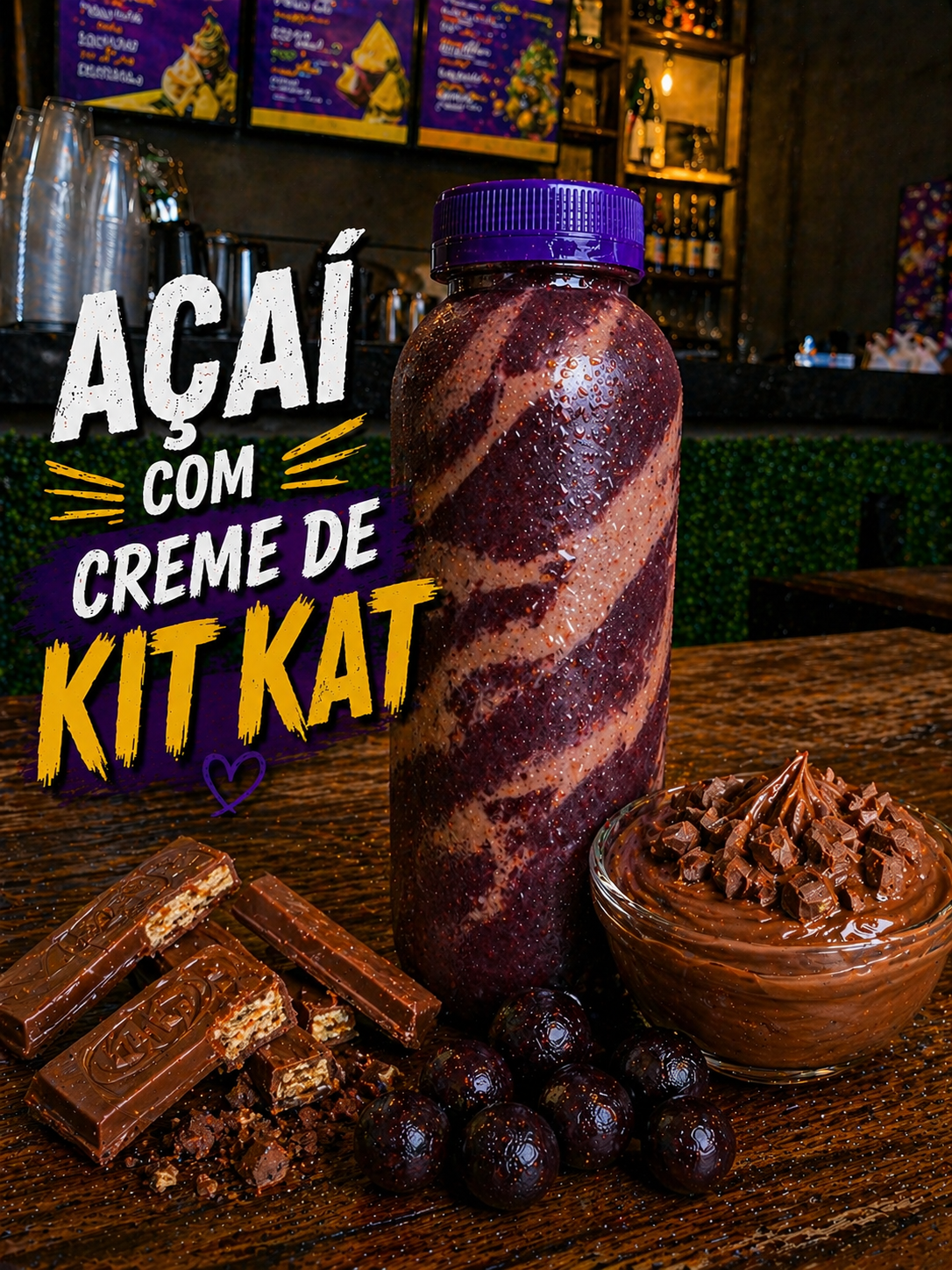 Açaí Batido com creme de Kit Kat 500ml